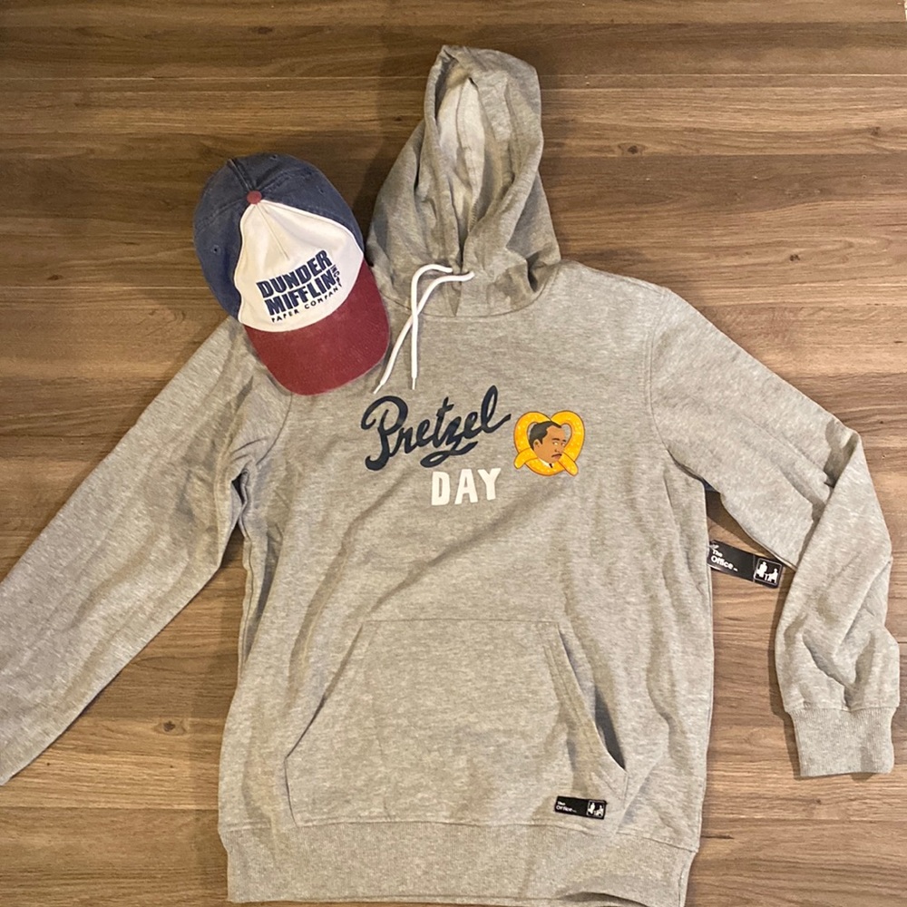 The Office. Pretzel day hoodie & Dunder Mifflin paper company hat